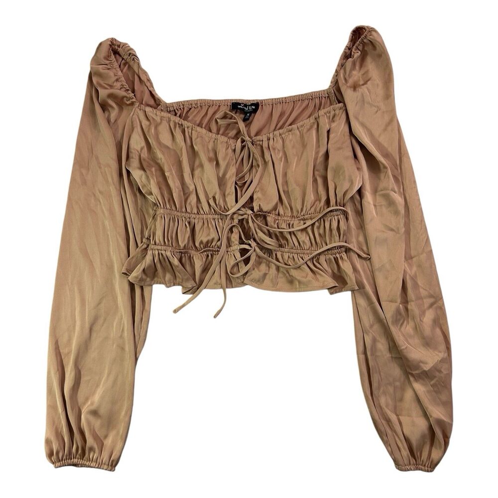 Coquette Ruched Tie Front Crop Top Long Sleeve Beige Brown Sz M MilkMaid Cottage - Picture 1 of 7